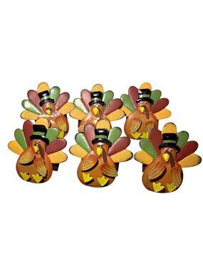 Thanksgiving Turkey Napkin Rings Colorful Table Decor Resin & Metal Tin Lot of 6